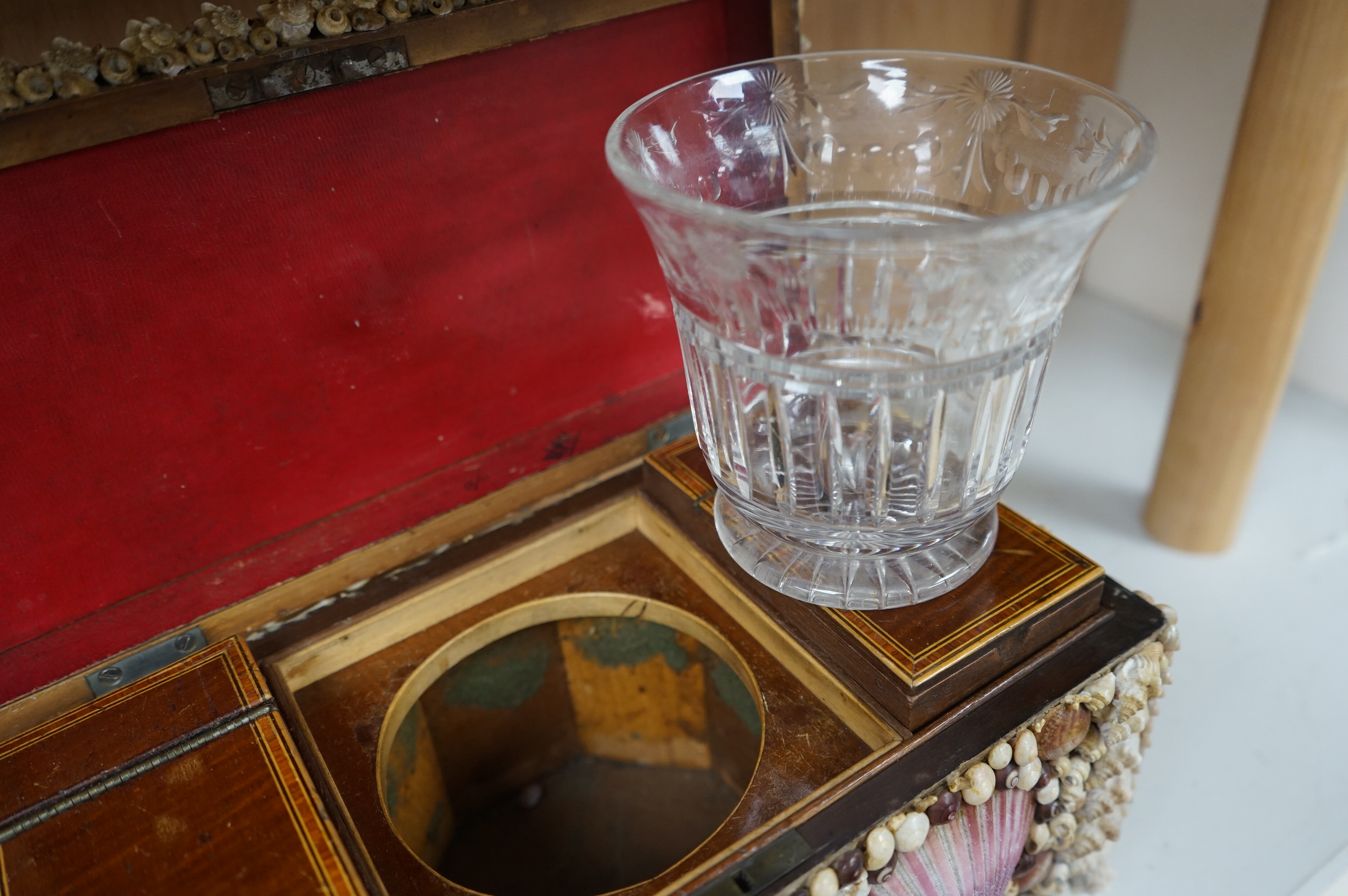 A George III tea caddy, shell covered in 19th century. 32cm wide x 15cm high x 17cm deep. Condition - a few shells missing but appears in good condition